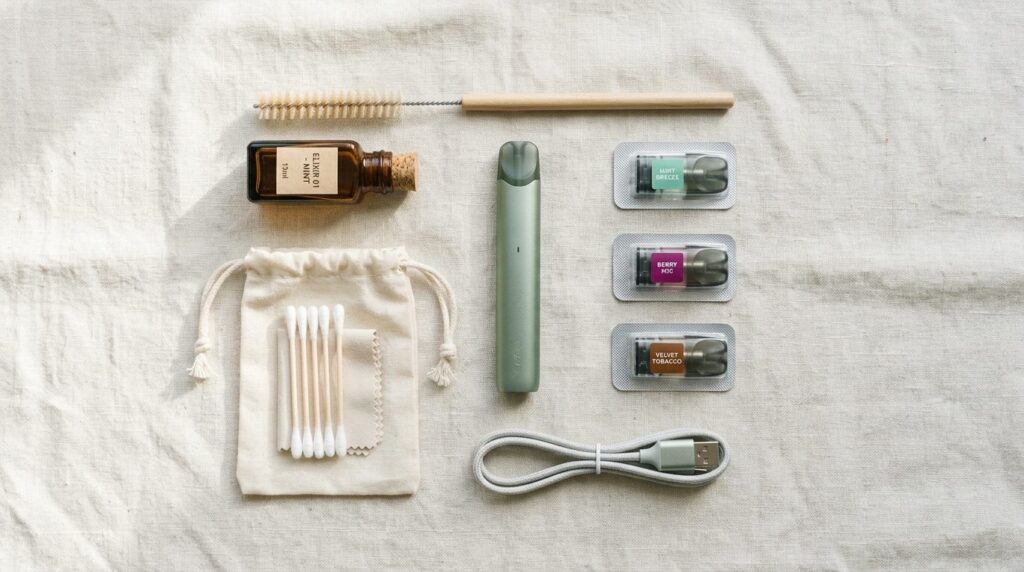 Flat lay composition of e-cigarette starter kit components a